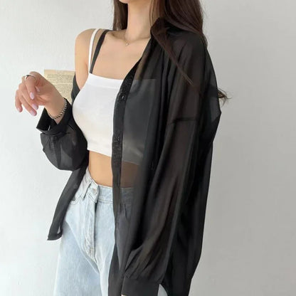 Women's sheer chiffon cardigan loose fit long sleeve lightweight elegant button-down layering essential