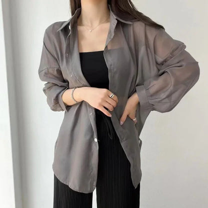 Women's sheer chiffon cardigan lightweight loose fit long-sleeve button-down elegant layering essential