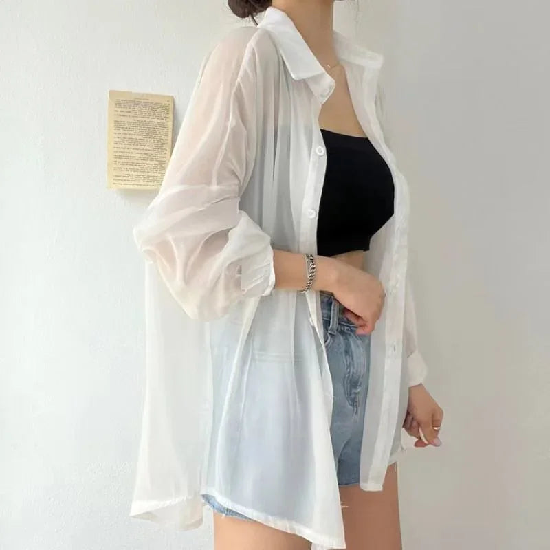 Women's sheer chiffon cardigan lightweight loose-fit long-sleeve button-down elegant layering piece