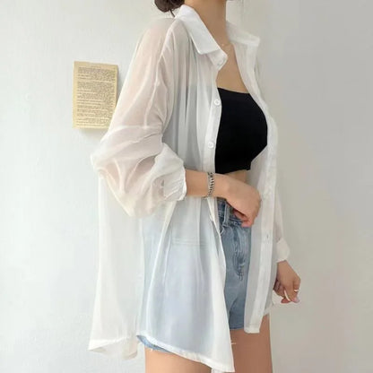 Women's sheer chiffon cardigan lightweight loose-fit long-sleeve button-down elegant layering piece