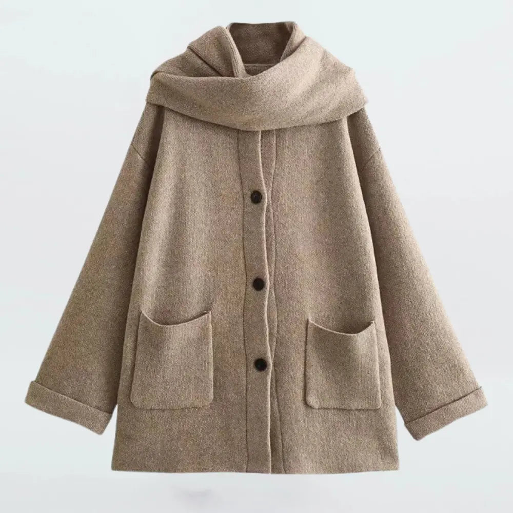 Marguerite beige knitted cardigan with button closure and attached scarf, flattering layering style