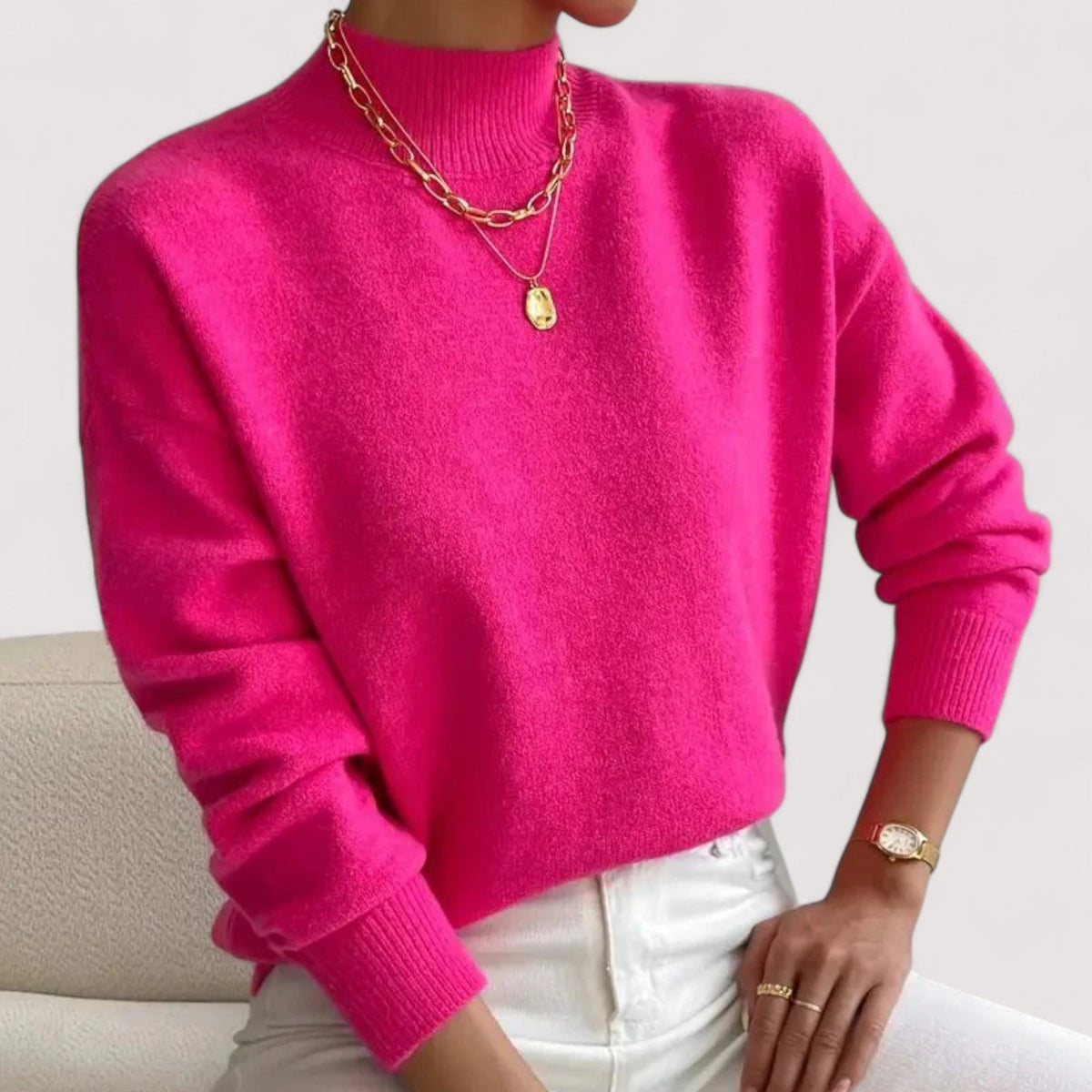 Elegant cream turtleneck sweater with flattering slim fit and silhouette-draping soft knit fabric