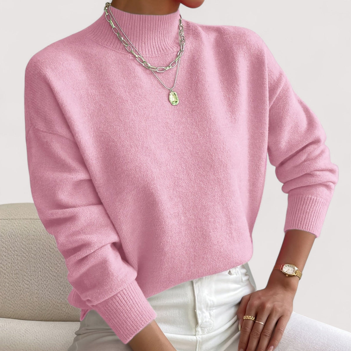 Elegant cream turtleneck sweater with flattering slim fit and smooth drape for all-day comfort