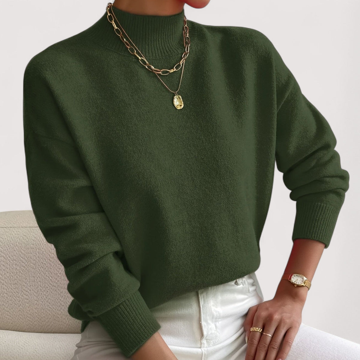 Elegant cream turtleneck sweater with flattering slim fit and elongating neckline design