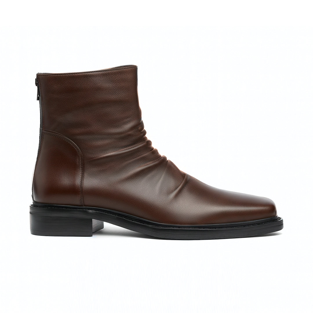 Wavlynn Marlow black calfskin leather square-toe crease boot with wrinkled texture detail