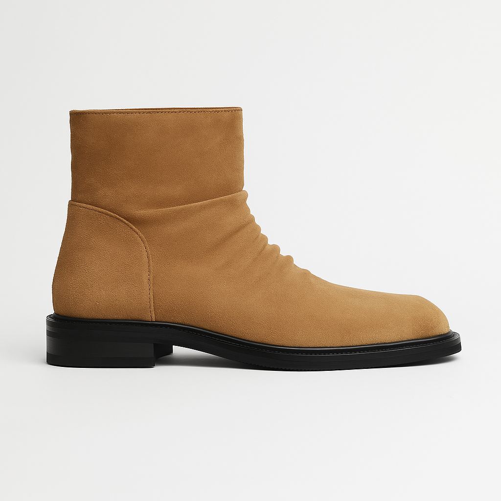 Wavlynn Marlow black calfskin leather square-toe crease boot with wrinkled texture