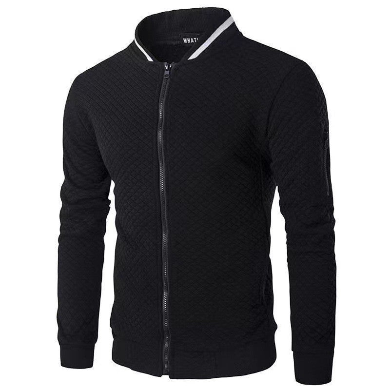 Men's plaid quilted bomber hoodie cardigan in diamond texture, slim-fit autumn winter outerwear