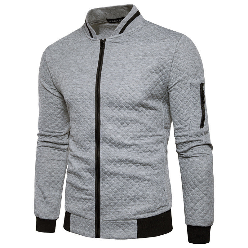 Men's plaid quilted bomber hoodie cardigan in diamond texture, slim-fit autumn winter outerwear