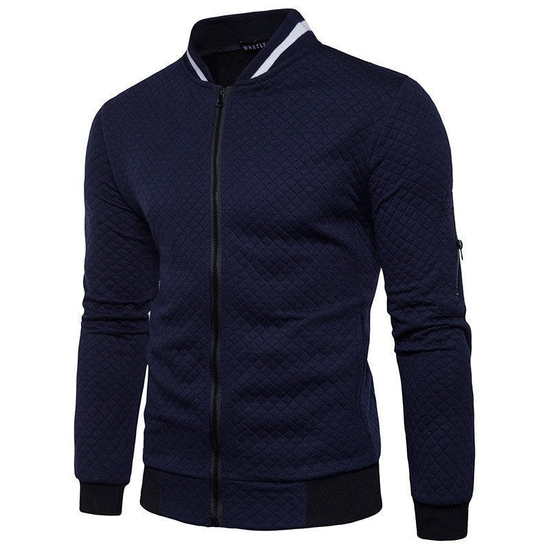 Men's plaid quilted bomber cardigan hoodie in neutral tones with diamond texture for autumn winter
