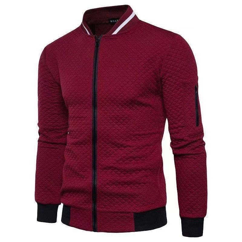 Men's plaid quilted bomber cardigan hoodie in neutral tones with diamond texture for autumn winter