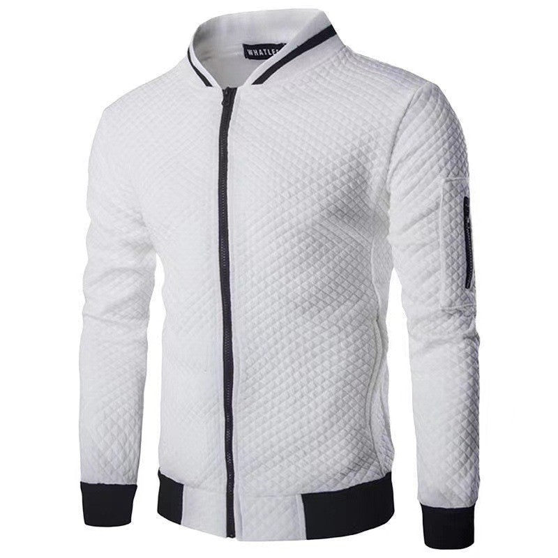 Men's plaid quilted hoodie cardigan bomber-style outerwear in neutral tones for autumn winter