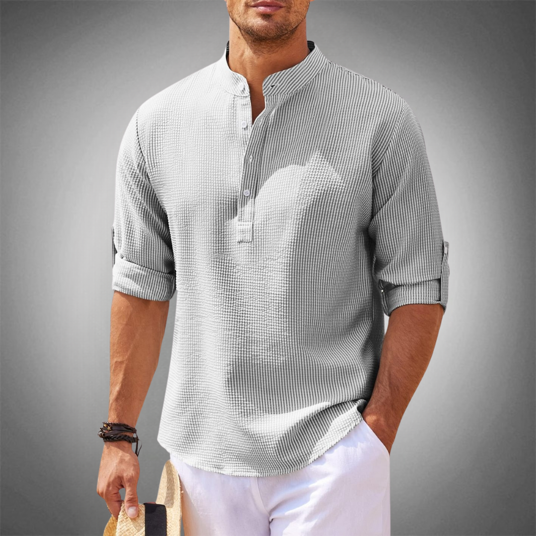 Men's relaxed fit mandarin collar shirt with roll-up sleeves, casual semi-formal style