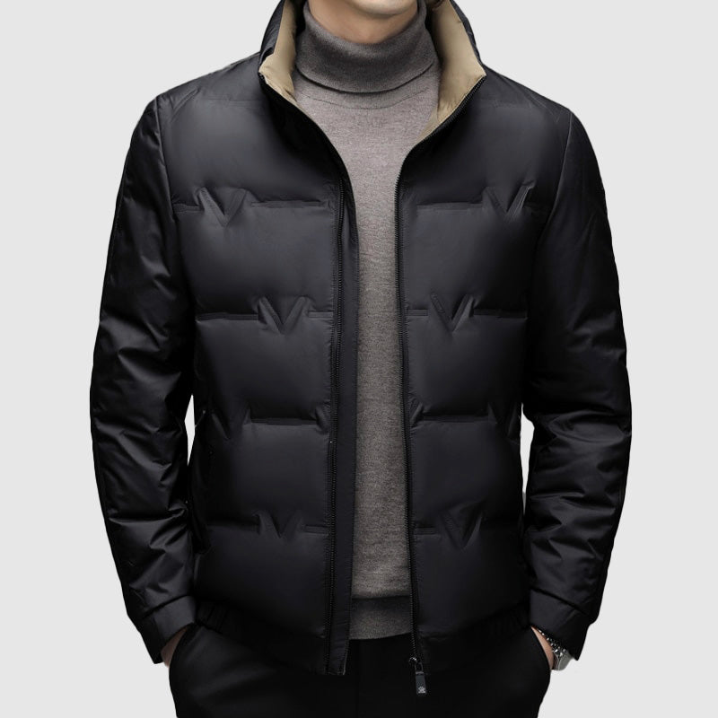 Men's lightweight white duck down puffer coat zip-up stand collar winter jacket streamlined fit