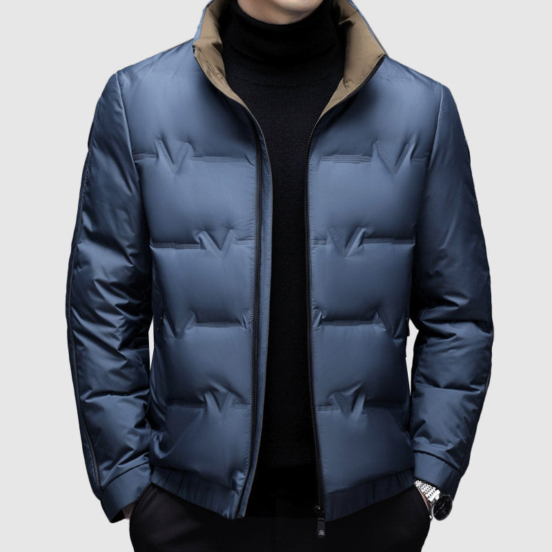 Men's lightweight white duck down puffer coat zip-up stand collar insulated winter jacket