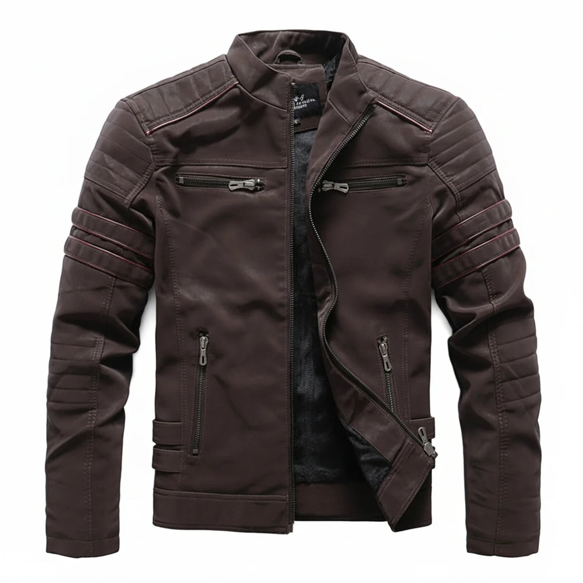 Men's black biker jacket stand collar zipper pockets rugged motorcycle style outerwear