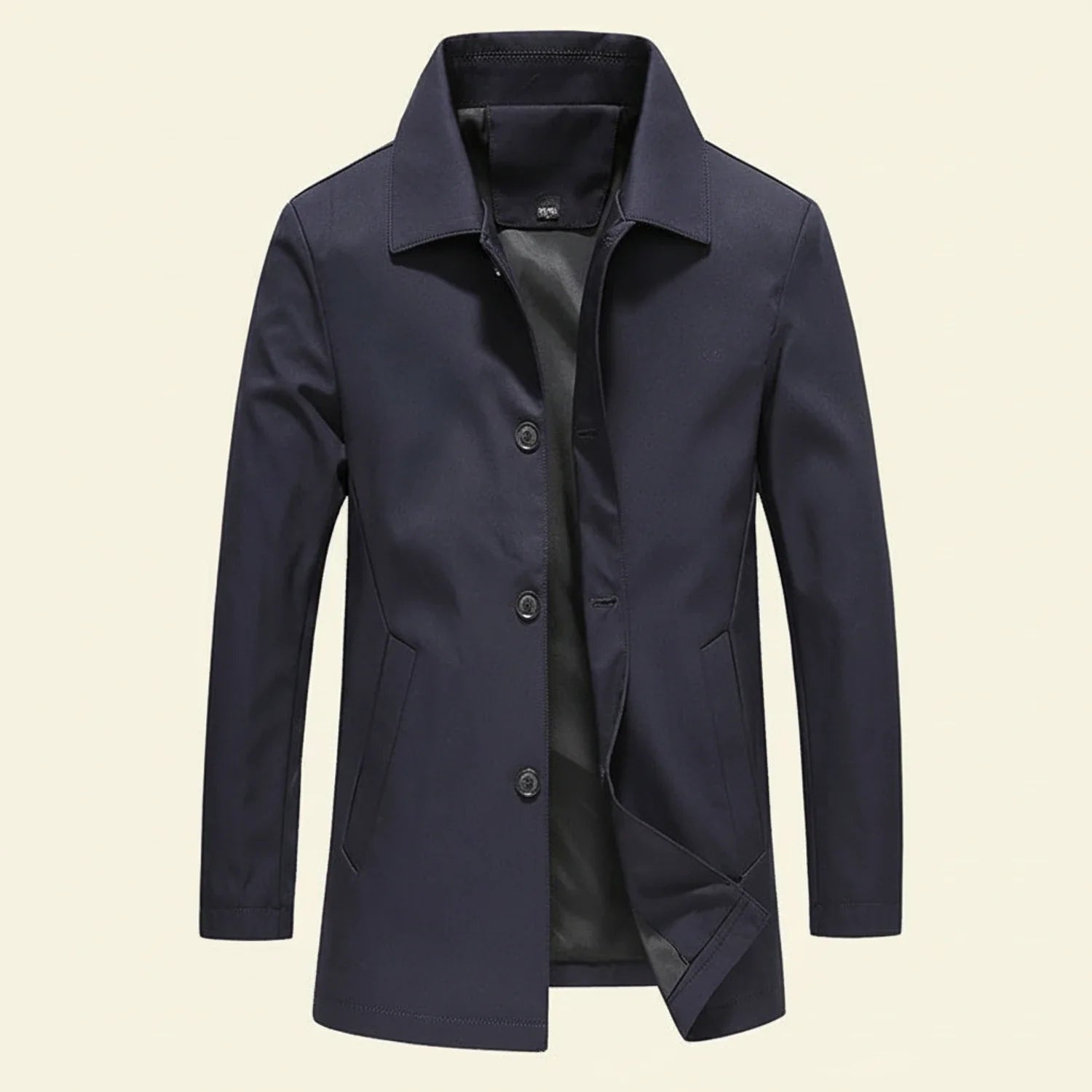 Men's navy mid-length minimalist overcoat with button-down classic collar for smart-casual wear