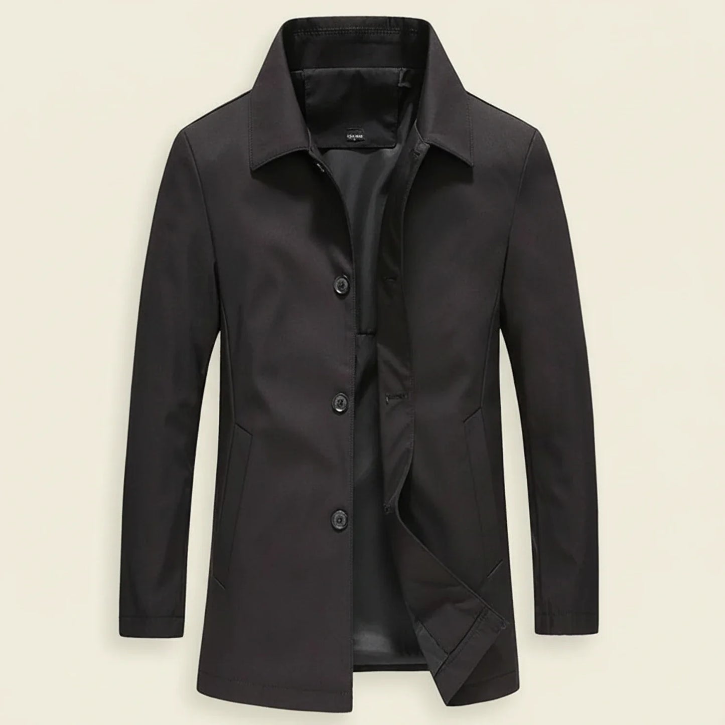 Men's navy mid-length minimalist overcoat with button-down classic collar for smart-casual wear