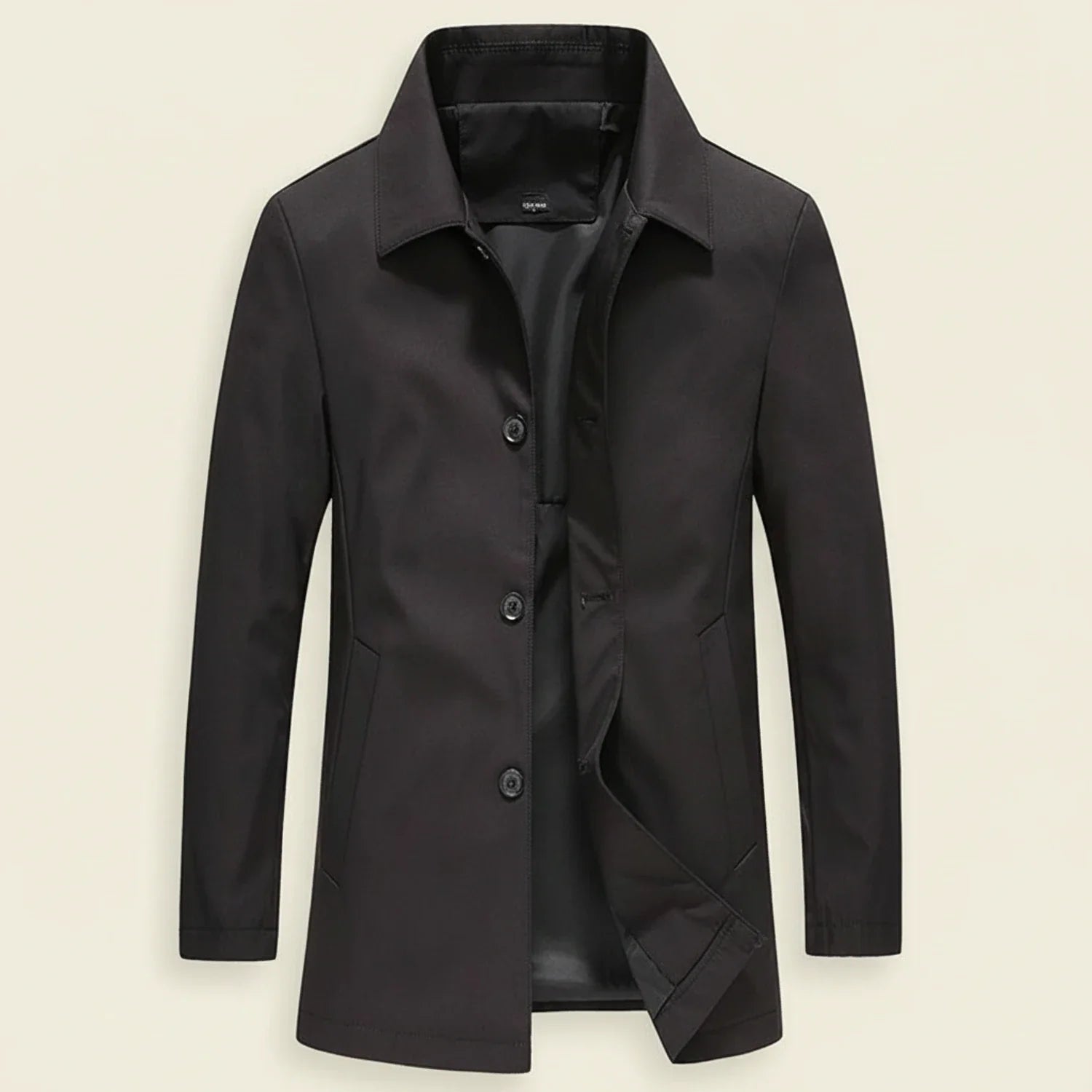 Men's navy mid-length minimalist overcoat with button-down classic collar for smart-casual wear