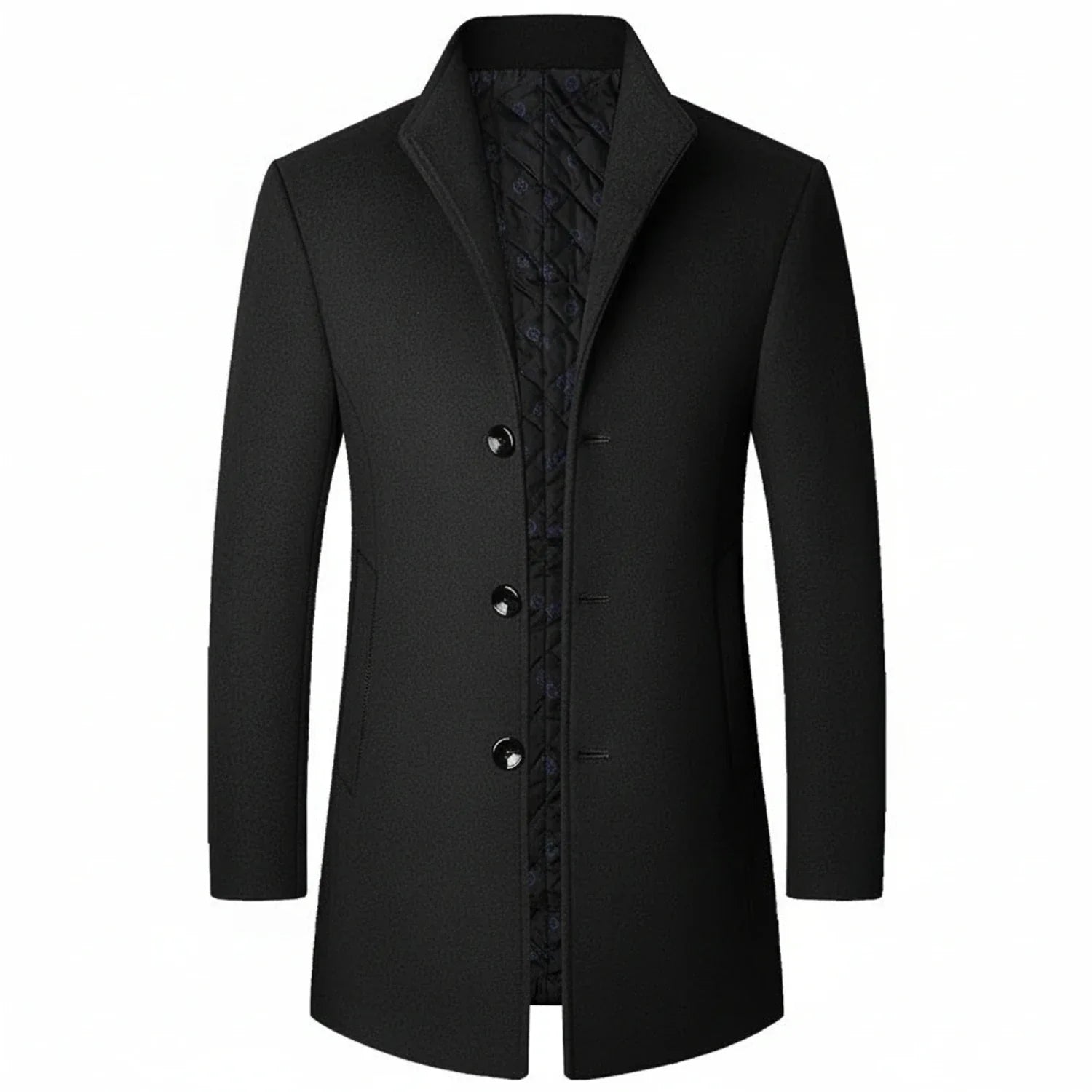Men's charcoal wool blend mid-length overcoat with notch lapel and three-button front closure