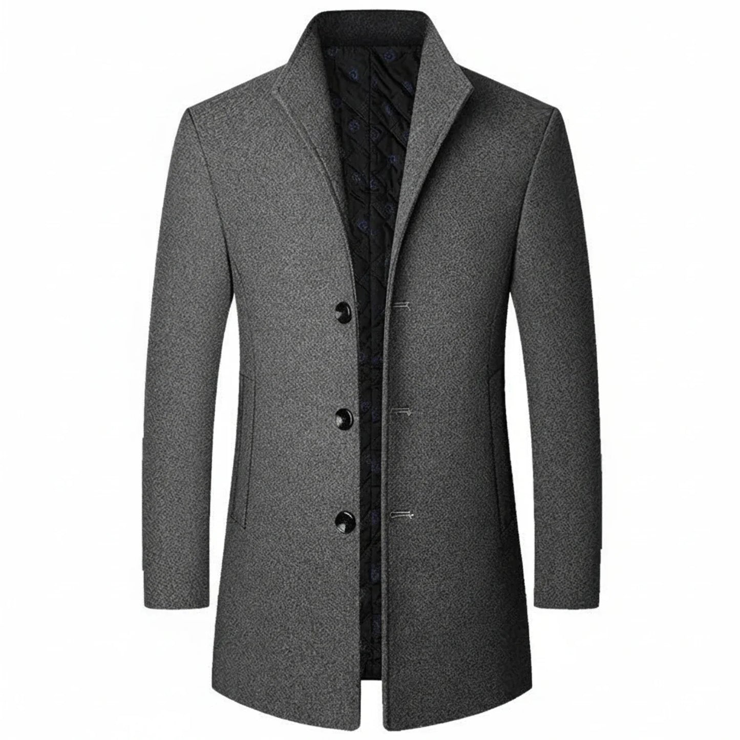 Men's charcoal wool blend mid-length overcoat with notch lapel and three-button formal closure