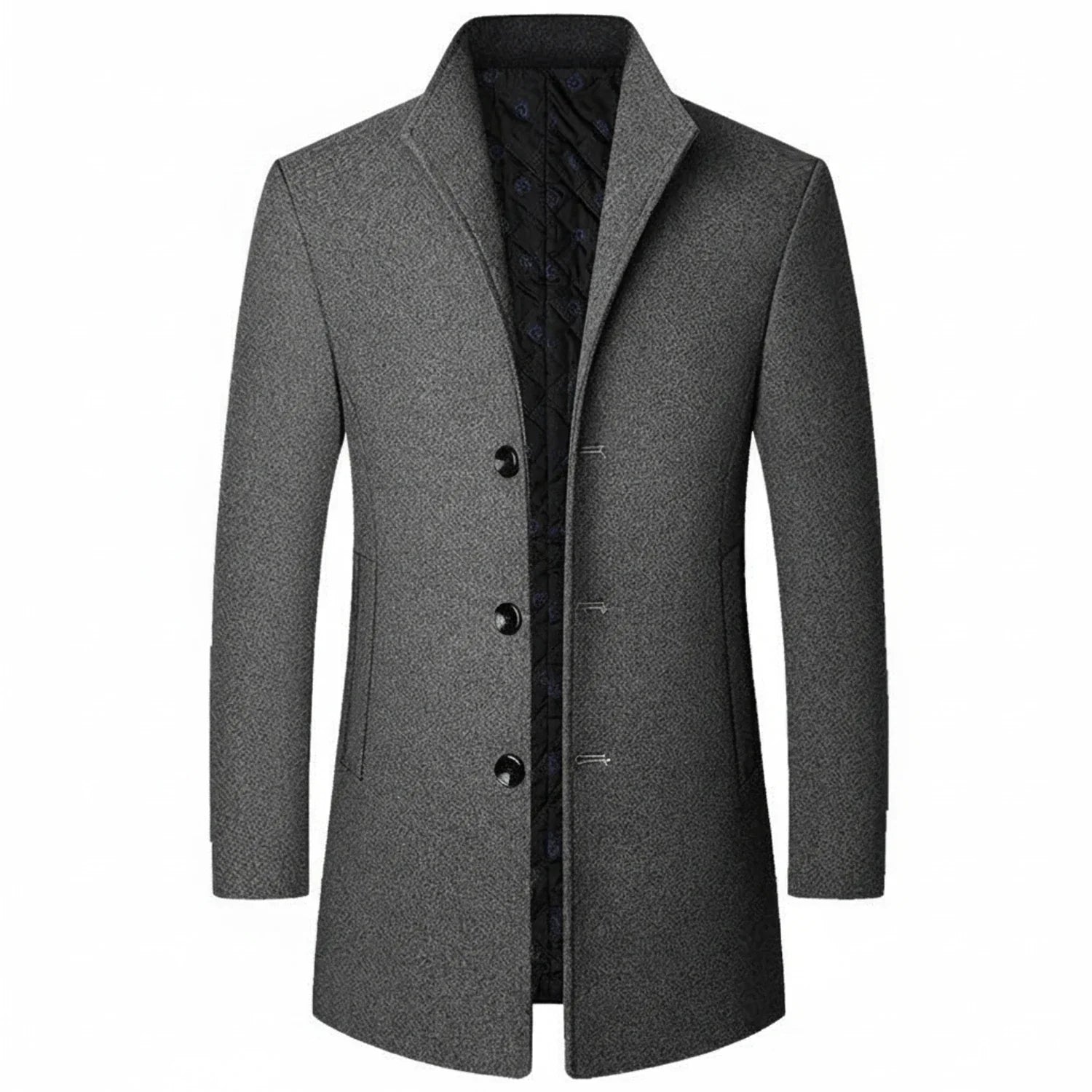Men's charcoal wool blend mid-length overcoat with notch lapel and three-button formal closure
