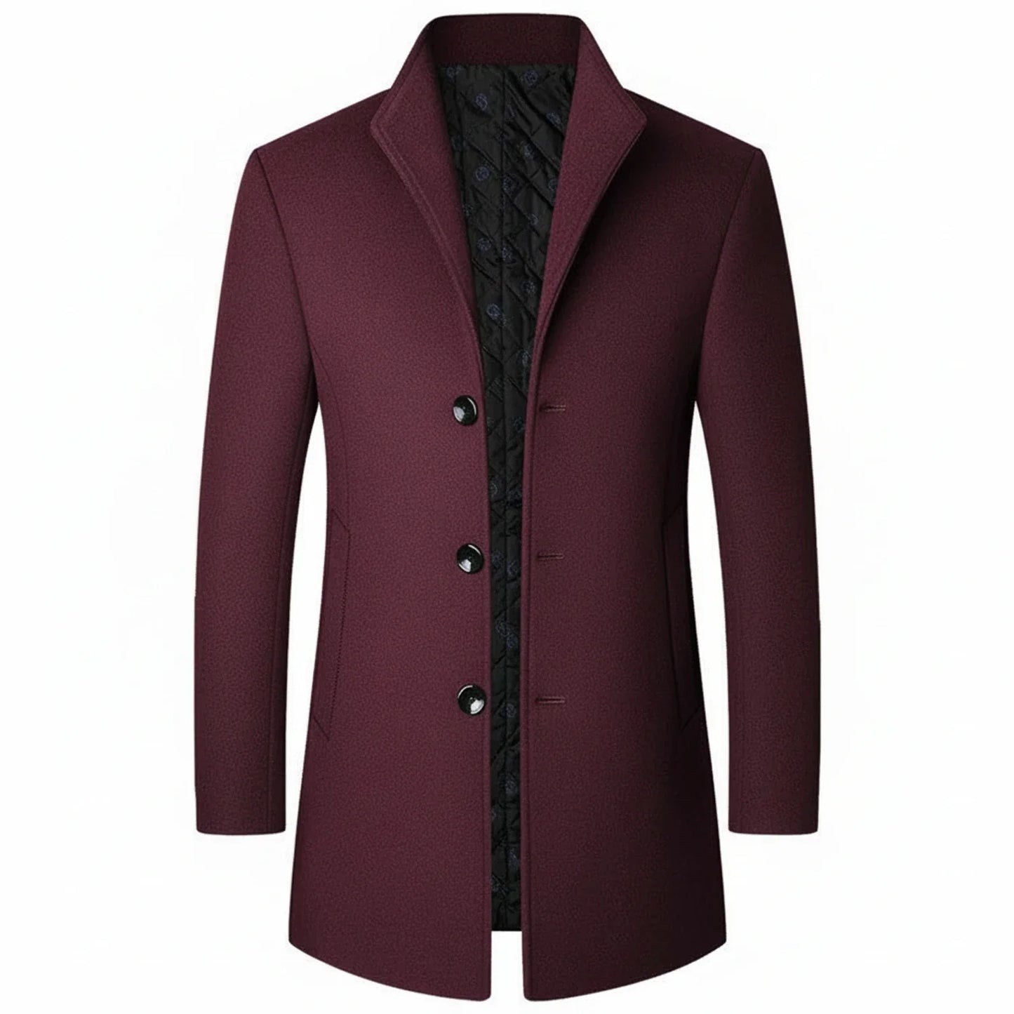Men's charcoal wool blend overcoat notch lapel three-button mid-length formal tailored silhouette