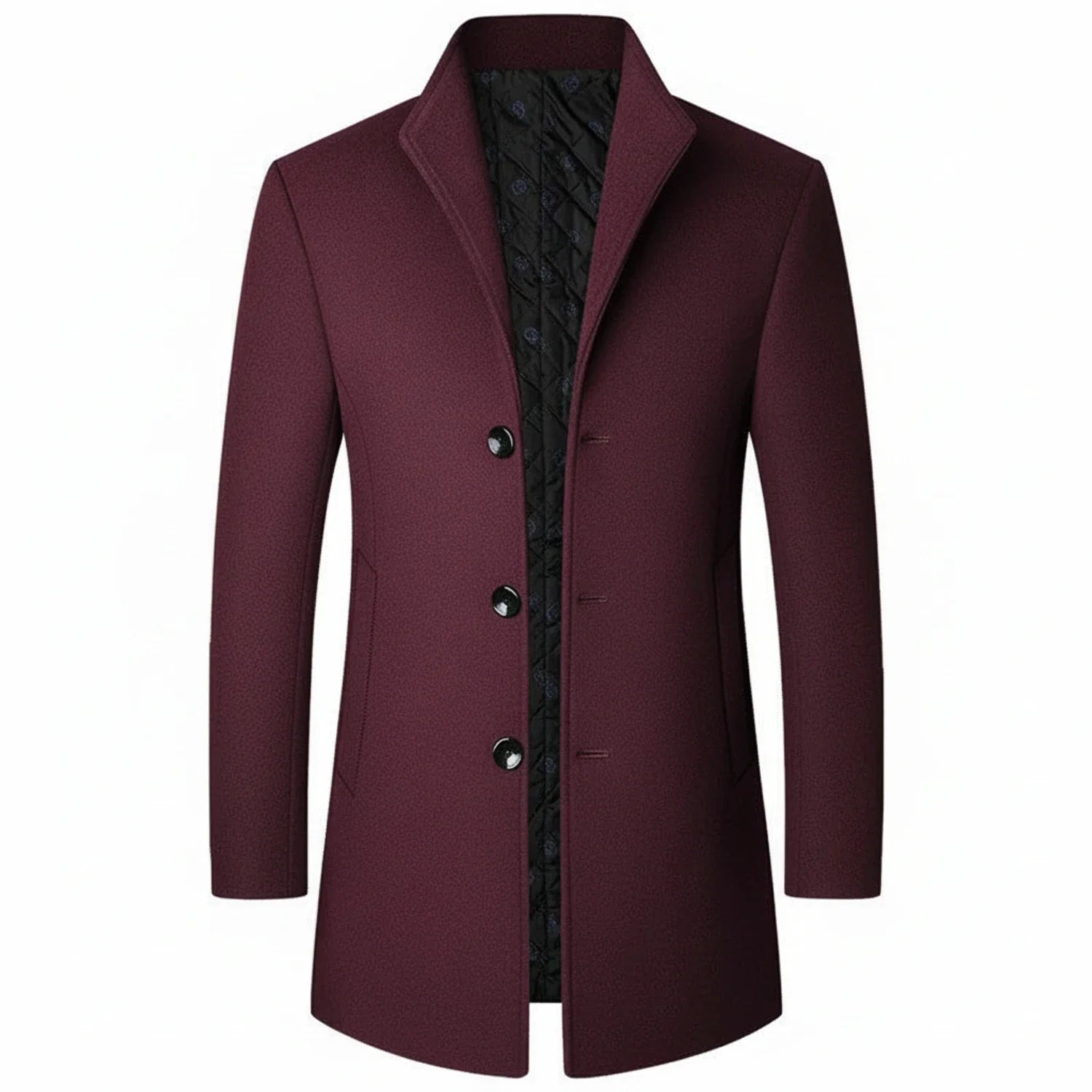 Men's charcoal wool blend overcoat notch lapel three-button mid-length formal tailored silhouette