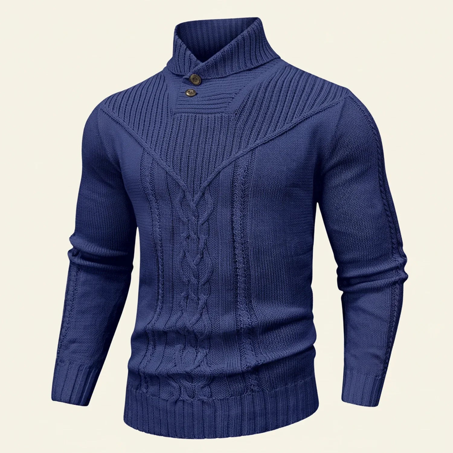 Men's cable knit shawl collar pullover sweater with button placket, warm layering style