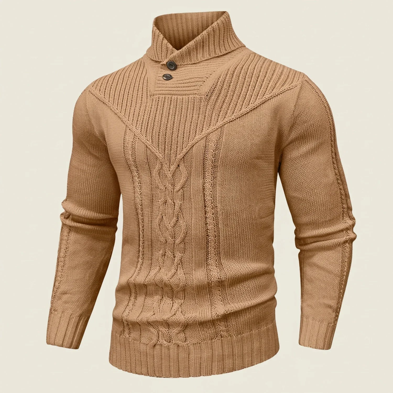 Men's cable knit shawl collar pullover sweater with button placket, classic layering style
