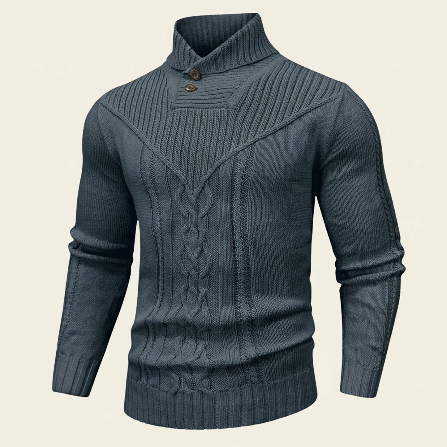 Men's cable knit shawl collar pullover sweater with button placket, classic layering warmth