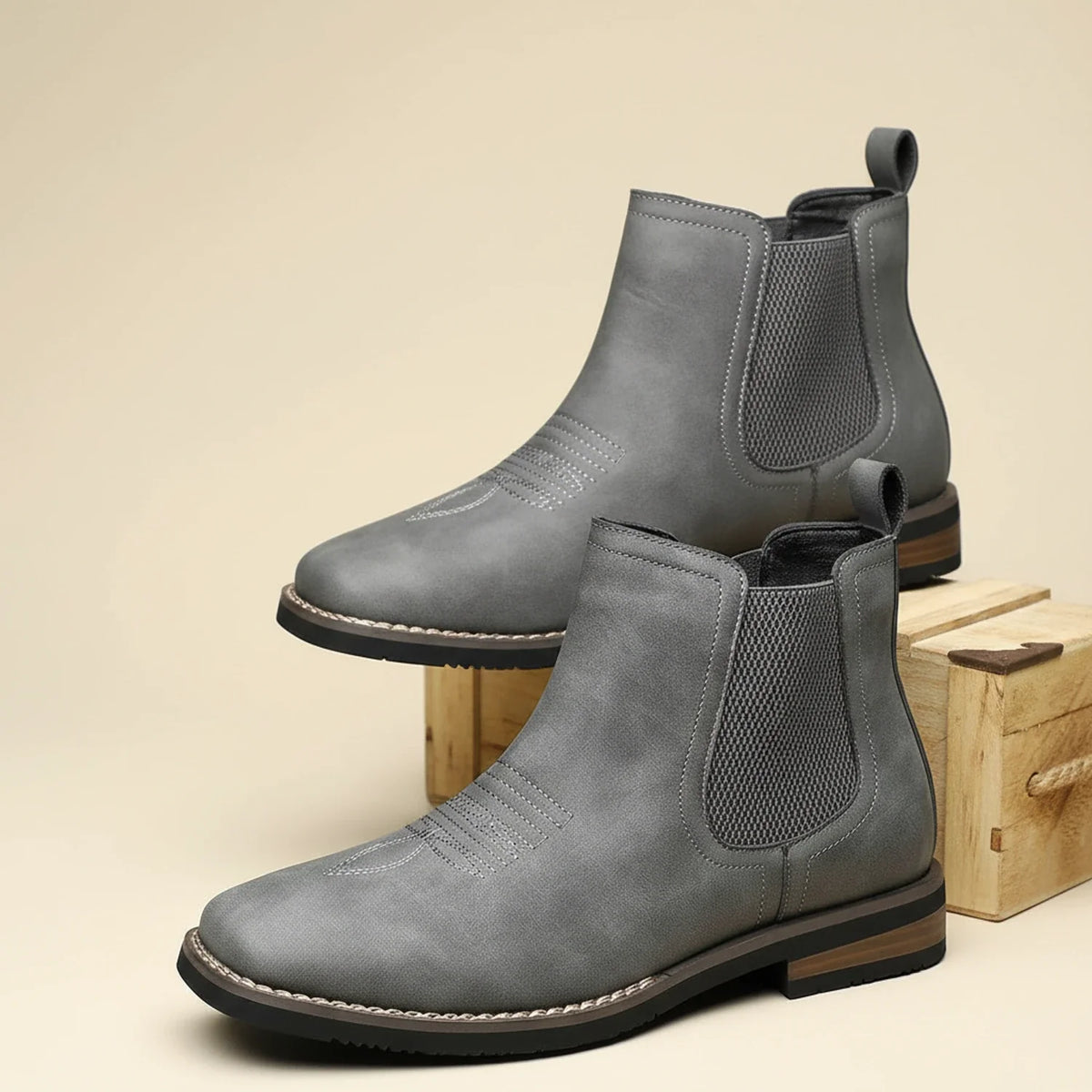 Men's brown leather Chelsea ankle boot western square toe pull-on with elastic goring