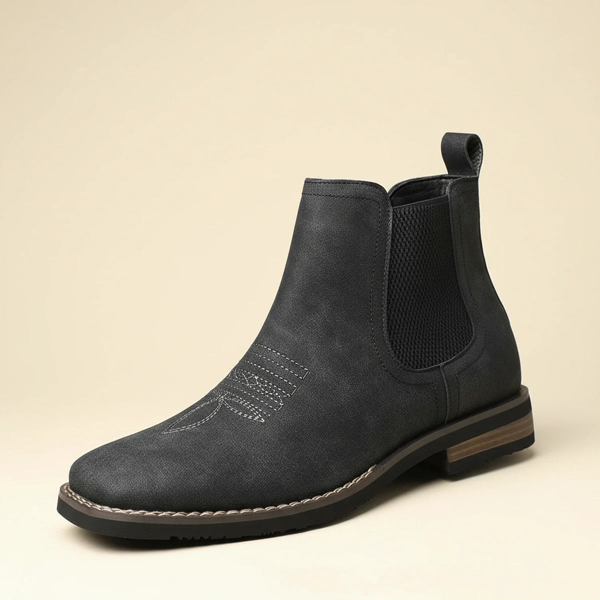 Men's brown western leather Chelsea ankle boot with elastic goring and square toe pull-on style