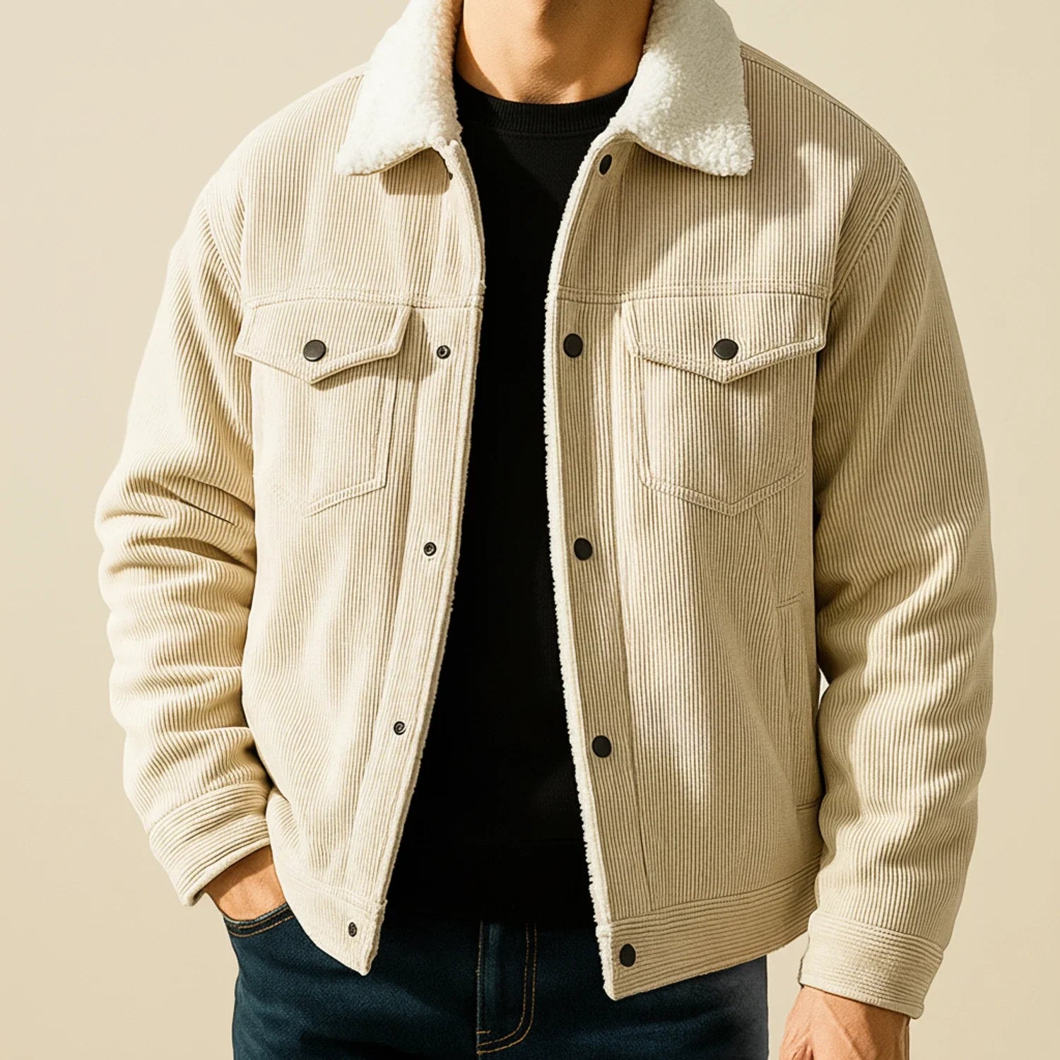 Men's brown corduroy relaxed-fit jacket with plush sherpa collar and chest pockets for fall warmth