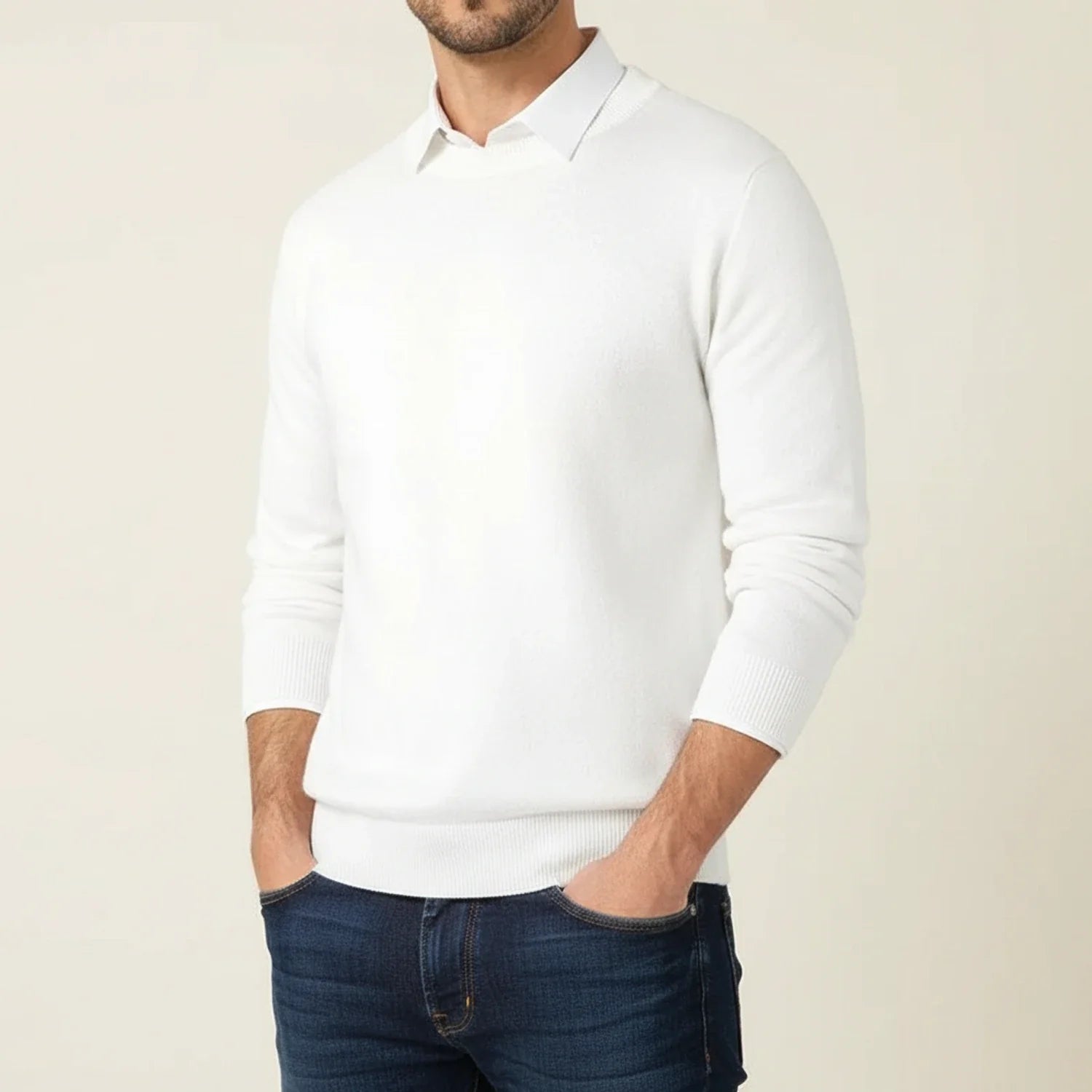 Men's regular fit crewneck sweater with ribbed cuffs and hem, versatile casual layering piece