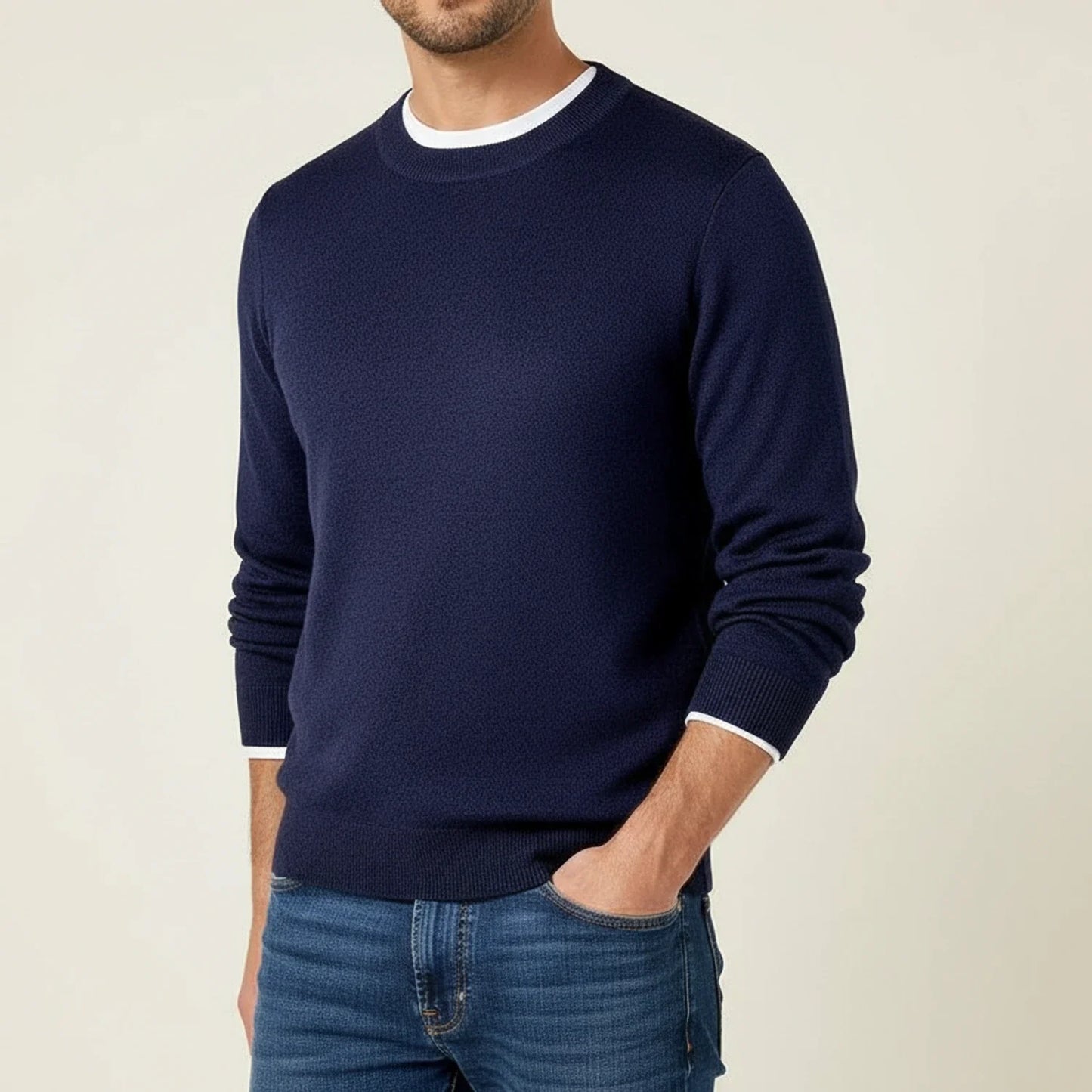 Men's regular fit crewneck sweater with ribbed cuffs and hem, casual everyday layering style