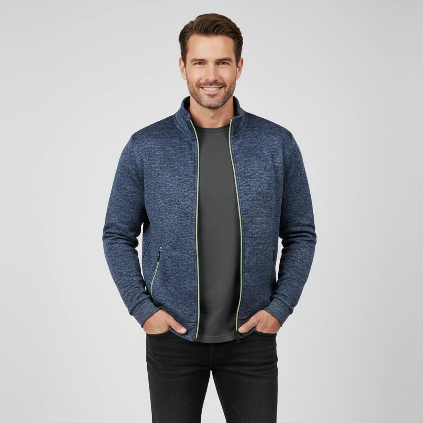 Men's olive green full-zip sweater jacket with stand collar and zippered side pockets