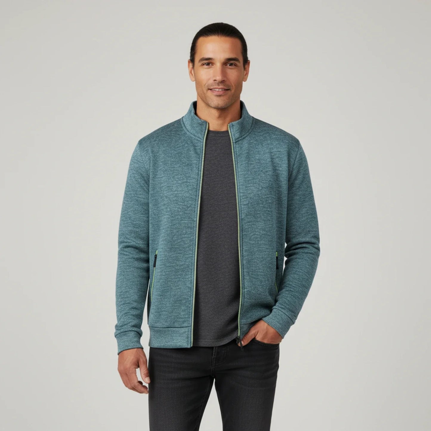 Men's olive green full-zip sweater jacket with stand collar and zippered pockets modern fit