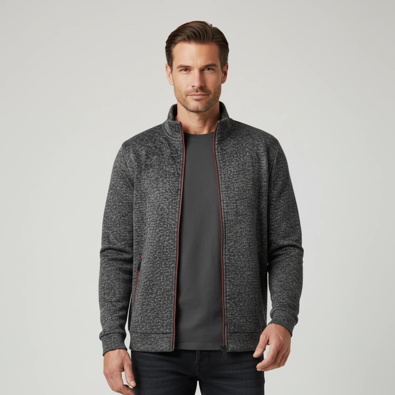 Men's olive green full-zip sweater jacket with stand collar and zippered pockets