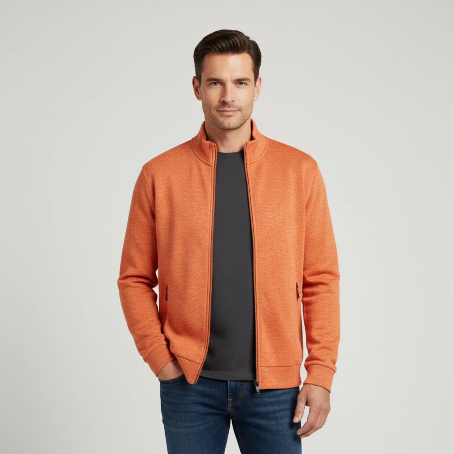 Men's olive green full-zip sweater jacket with stand collar and zippered pockets