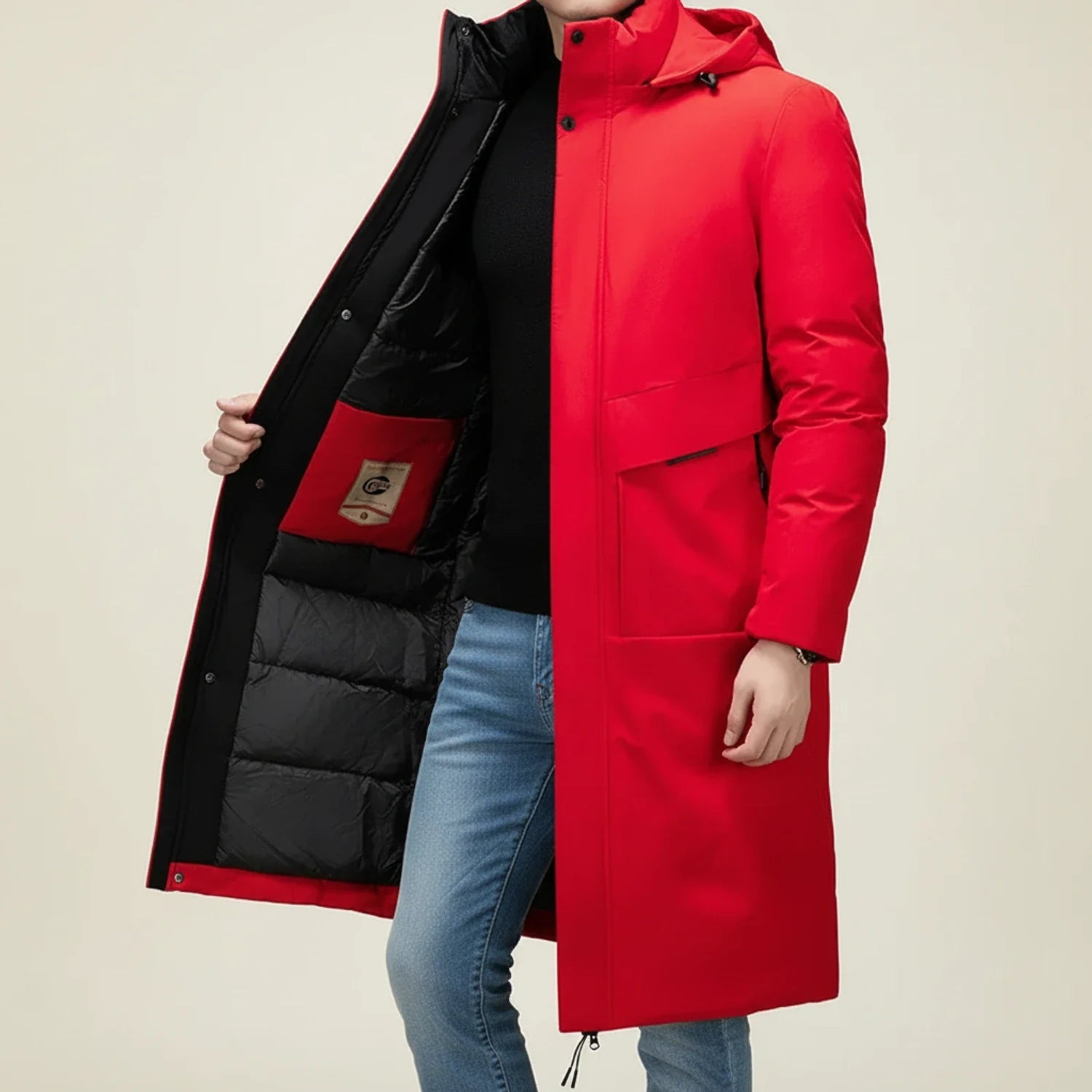 Men's long black insulated parka hooded drawstring hem snap closure welt pockets cold weather