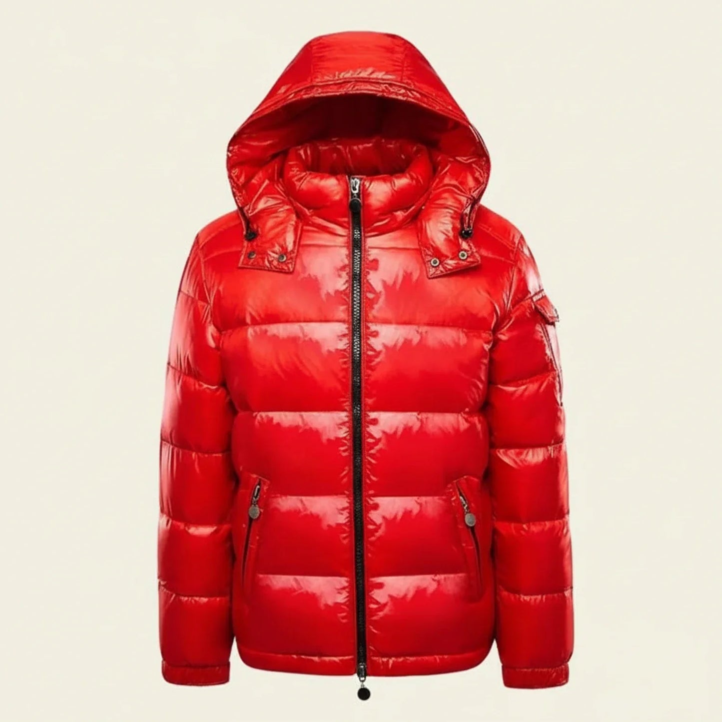 Men's glossy black hooded puffer jacket regular fit zip front quilted insulation cold weather coat