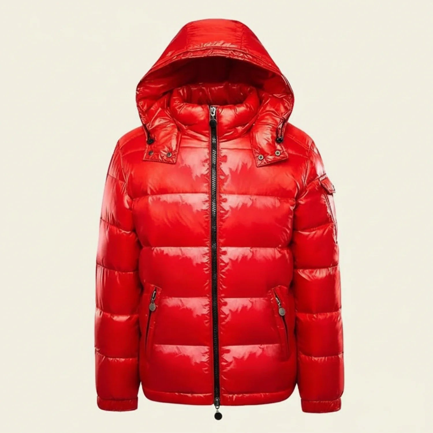 Men's glossy black hooded puffer jacket regular fit zip front quilted insulation cold weather coat