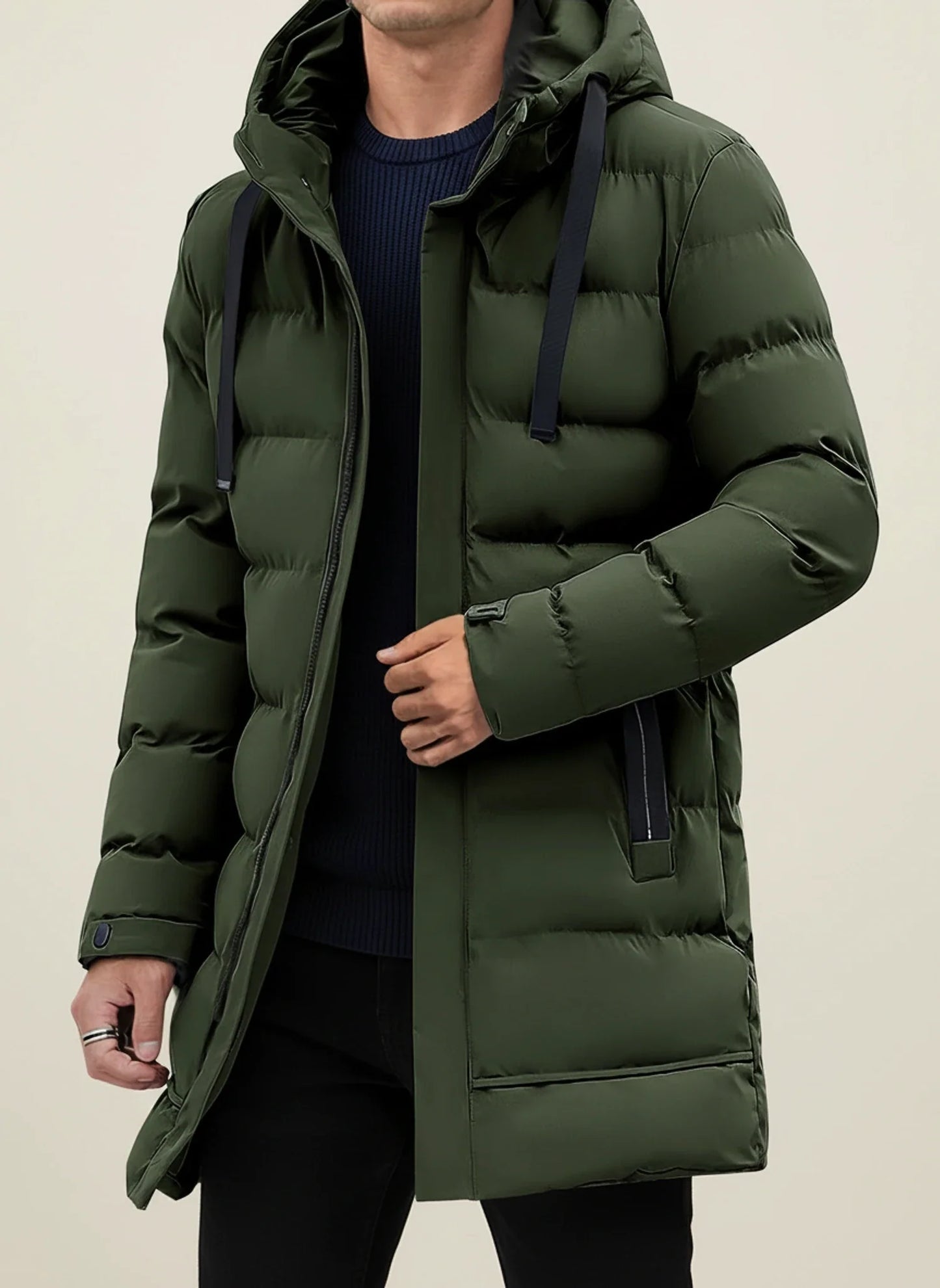 Men's black longline puffer jacket insulated zip-front hooded winter coat with quilted design