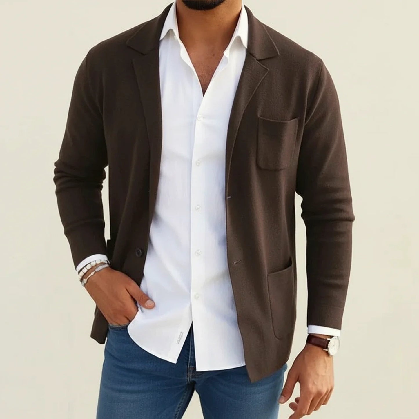 Men's slim fit knit blazer notch lapel casual style with patch pockets modern wardrobe