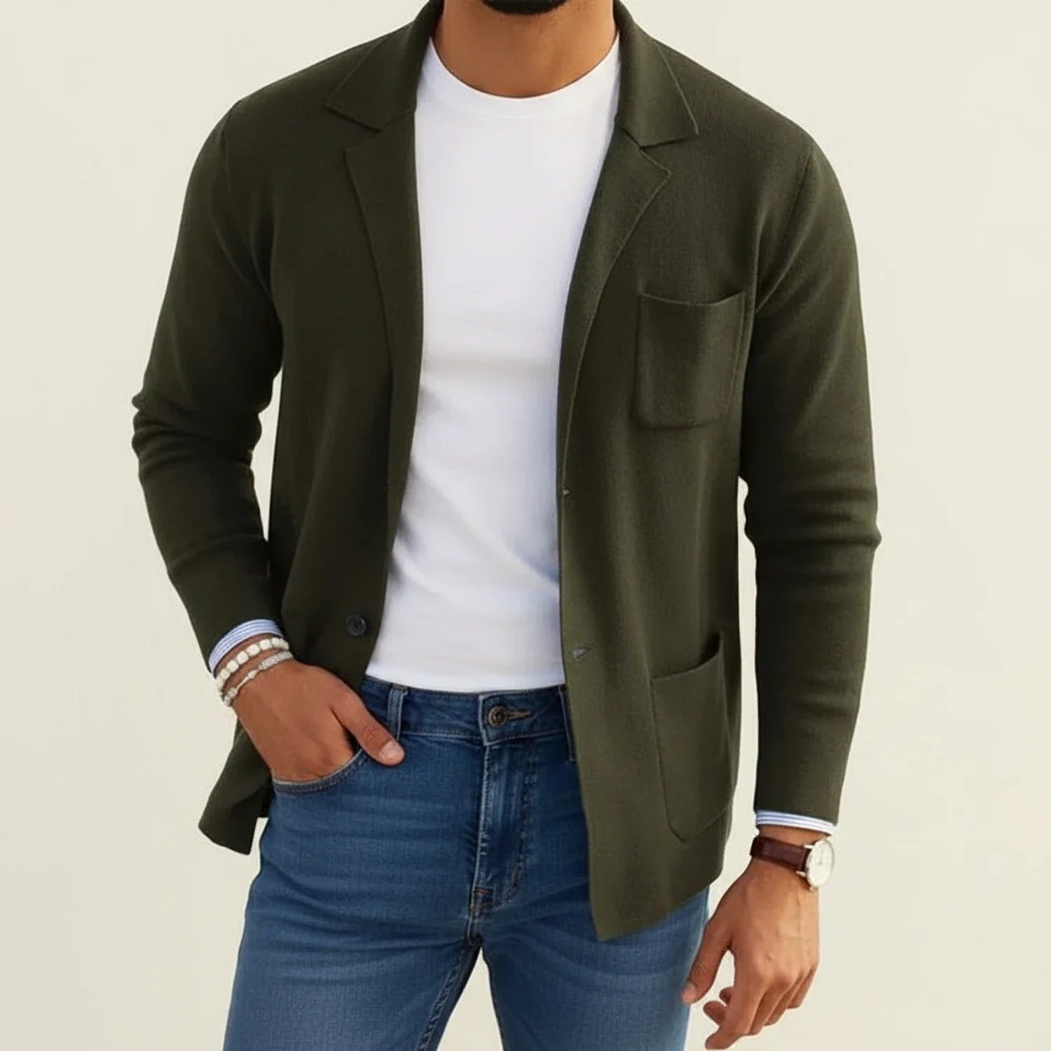 Men's slim fit knit blazer notch lapel casual style with patch pockets modern wardrobe