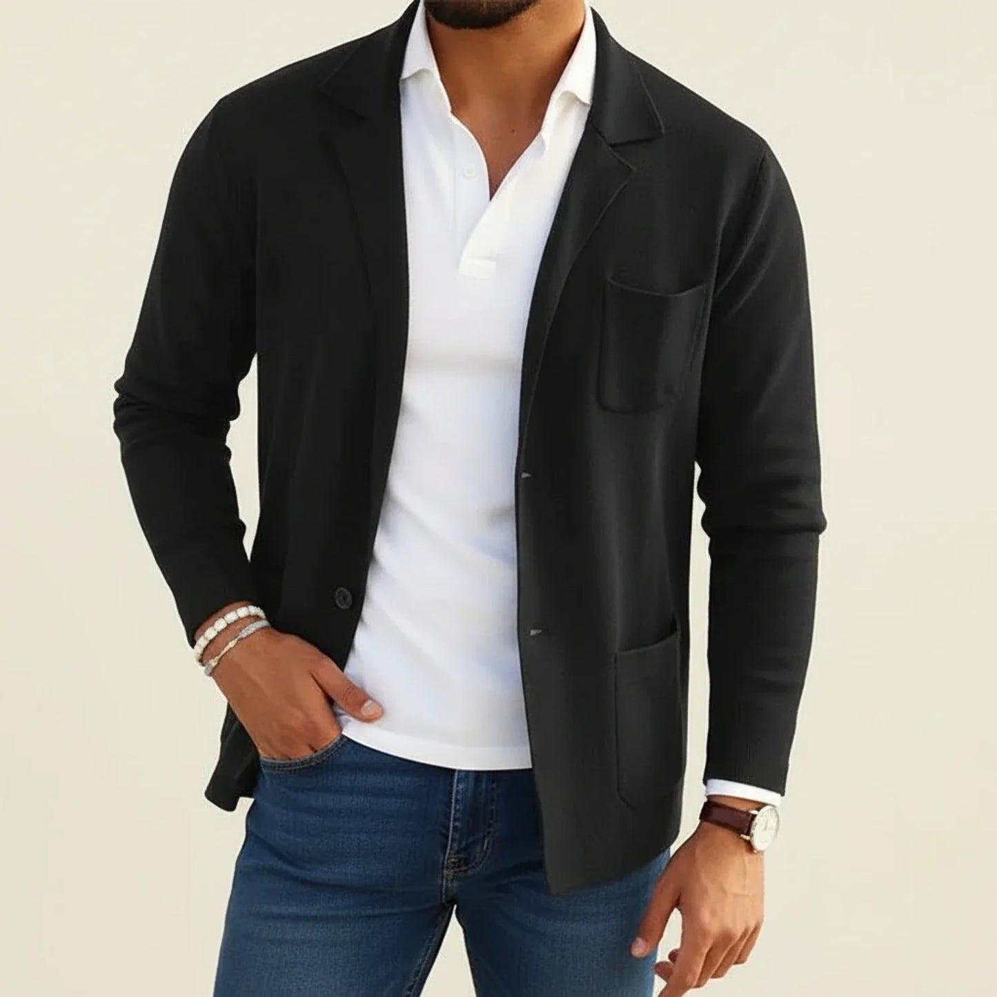 Men's slim fit knit blazer notch lapel casual style with patch pockets modern wardrobe