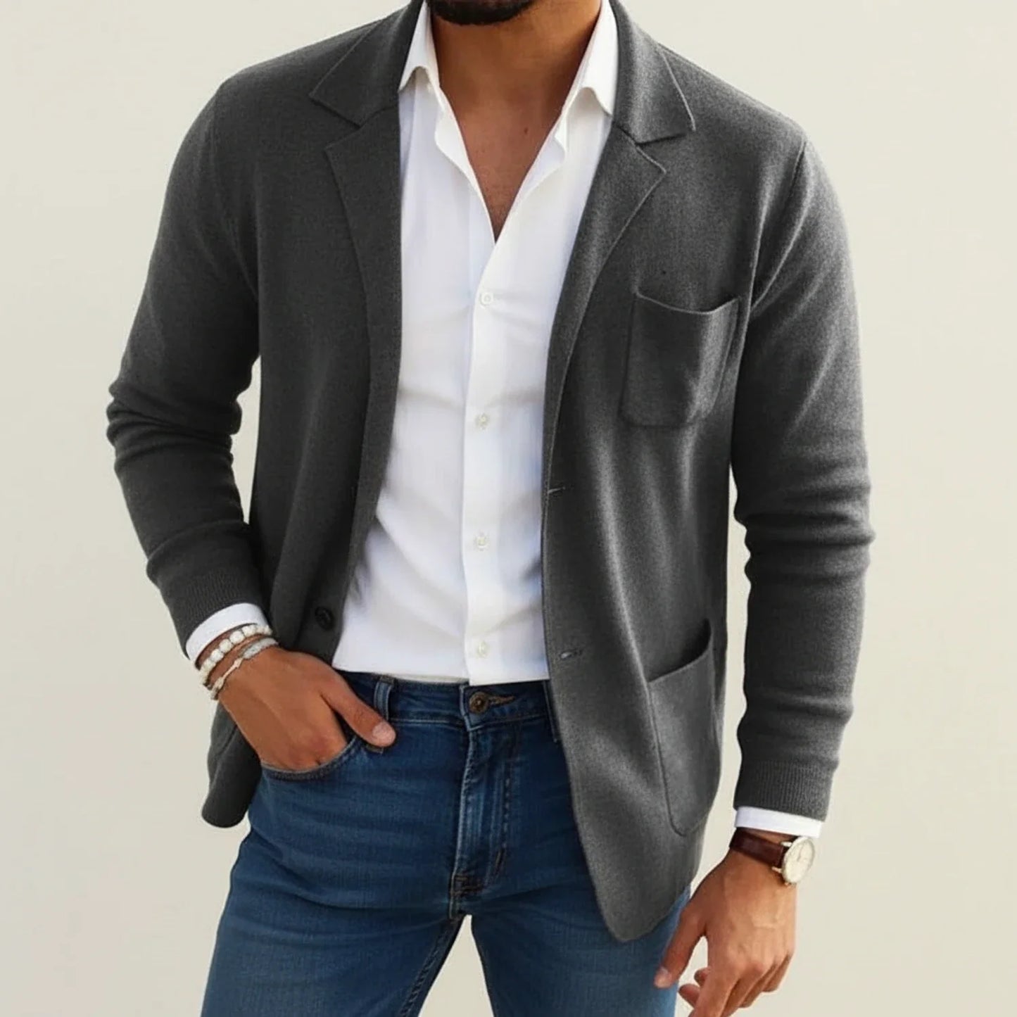 Men's slim fit knit blazer with notch lapel, patch pockets, casual style in modern neutral tone