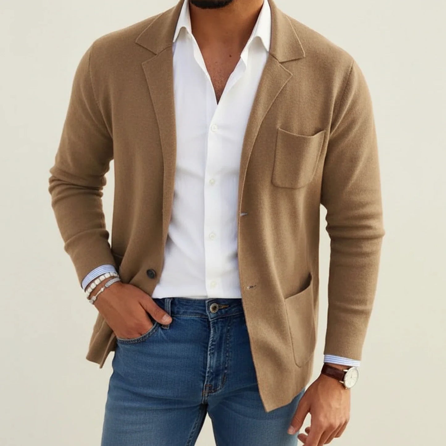 Men's slim fit knit blazer notch lapel casual style with patch pockets modern wardrobe