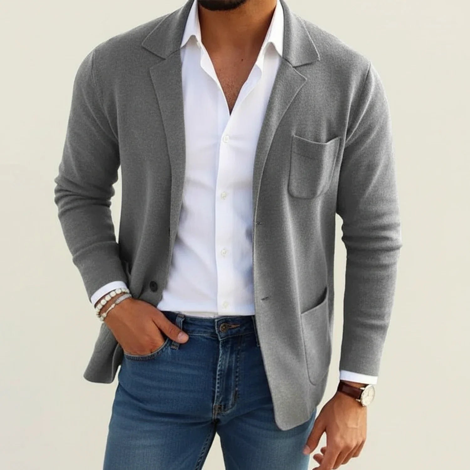 Men's slim fit knit blazer notch lapel casual style with patch pockets modern wardrobe