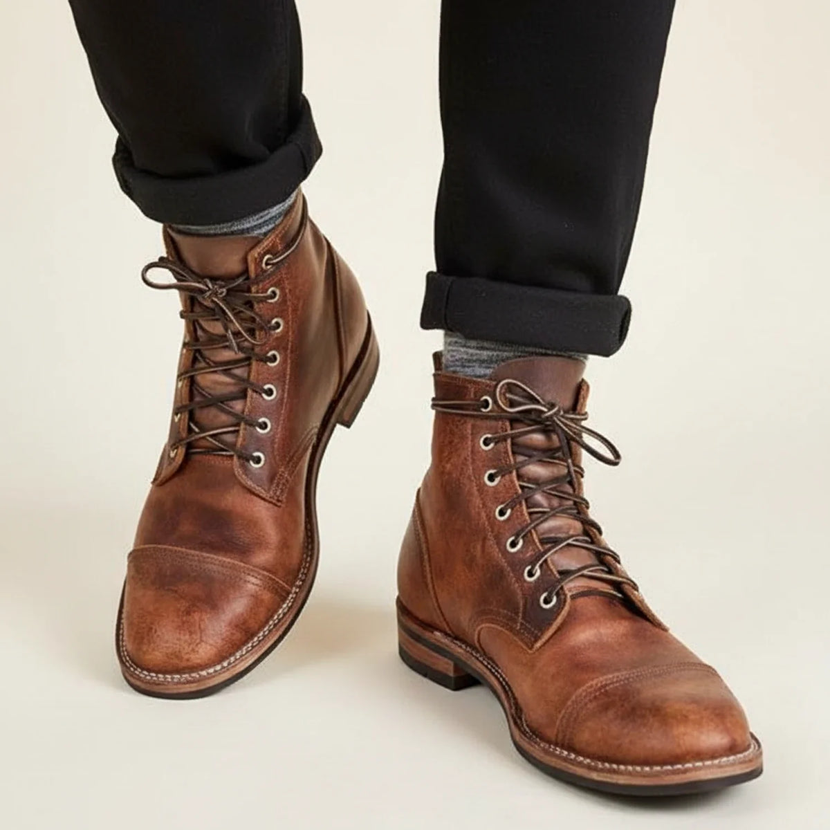 Men's vegan leather lace-up ankle boots with cap toe and panelled detailing for winter